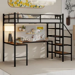 Lit Mezzanine 90x190 cm - avec Bureau en L et Escalier, Garde-Corps Continu, Structure en Métal, sans Matelas, Noir