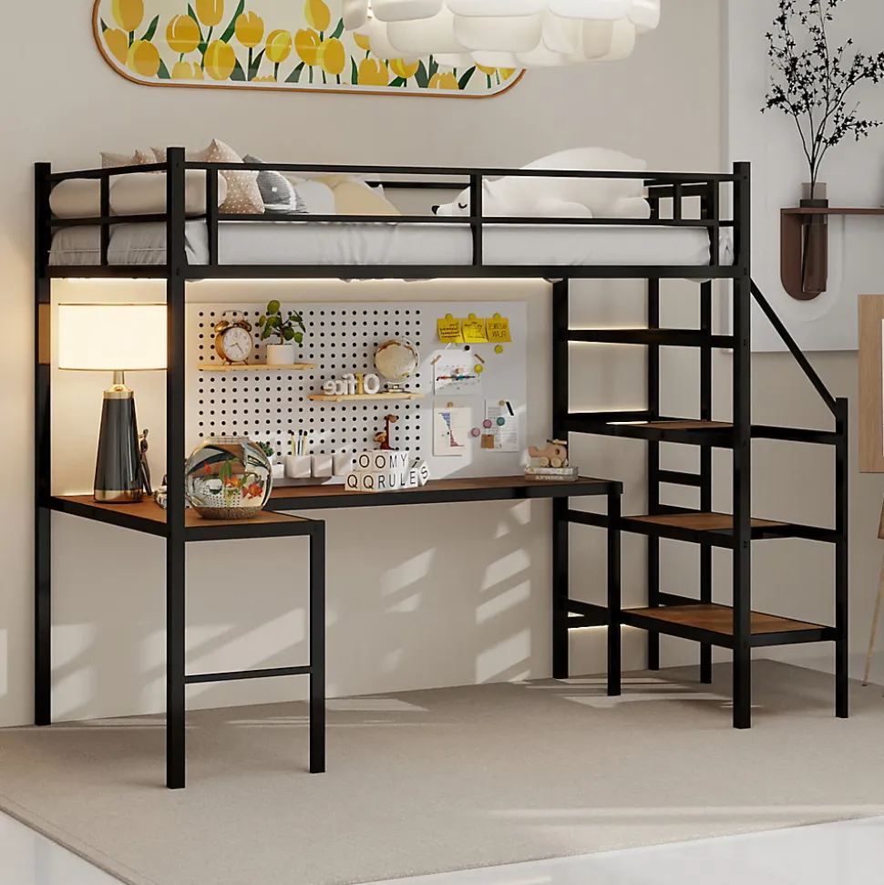 Lit Mezzanine 90x190 cm - avec Bureau en L et Escalier, Garde-Corps Continu, Structure en Métal, sans Matelas, Noir