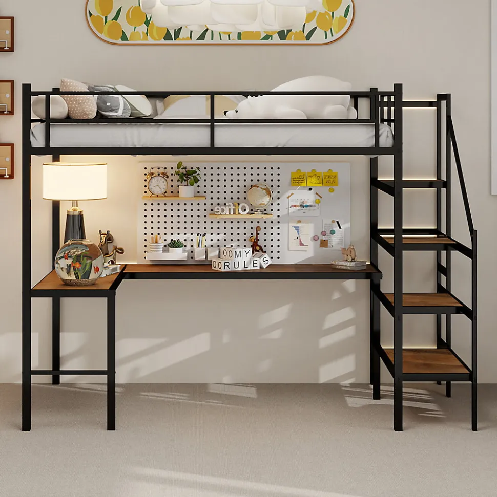 Lit Mezzanine 90x190 cm - avec Bureau en L et Escalier, Garde-Corps Continu, Structure en Métal, sans Matelas, Noir