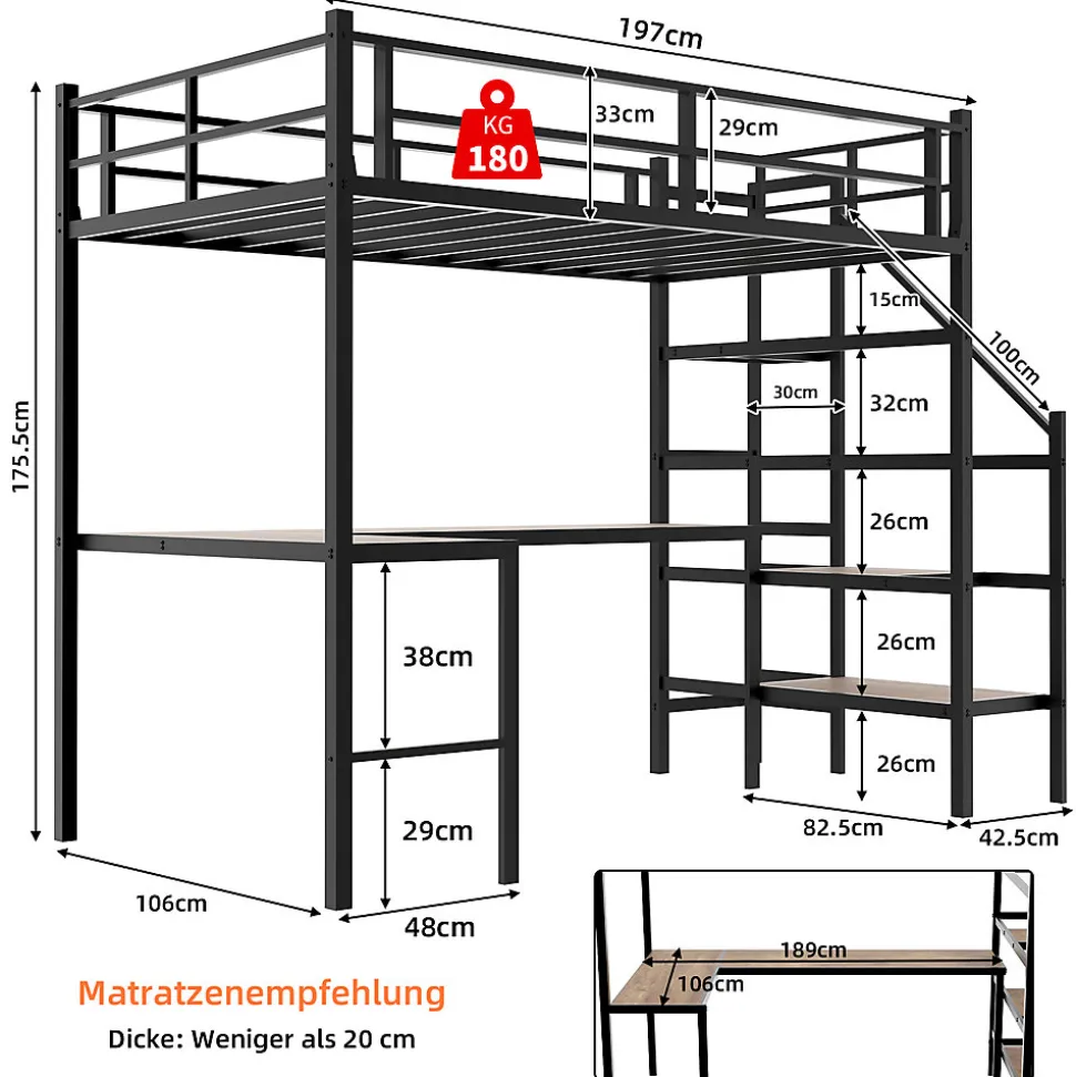 Lit Mezzanine 90x190 cm - avec Bureau en L et Escalier, Garde-Corps Continu, Structure en Métal, sans Matelas, Noir