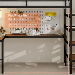 Lit Mezzanine 90x190 cm - avec Bureau en L et Escalier, Garde-Corps Continu, Structure en Métal, sans Matelas, Noir