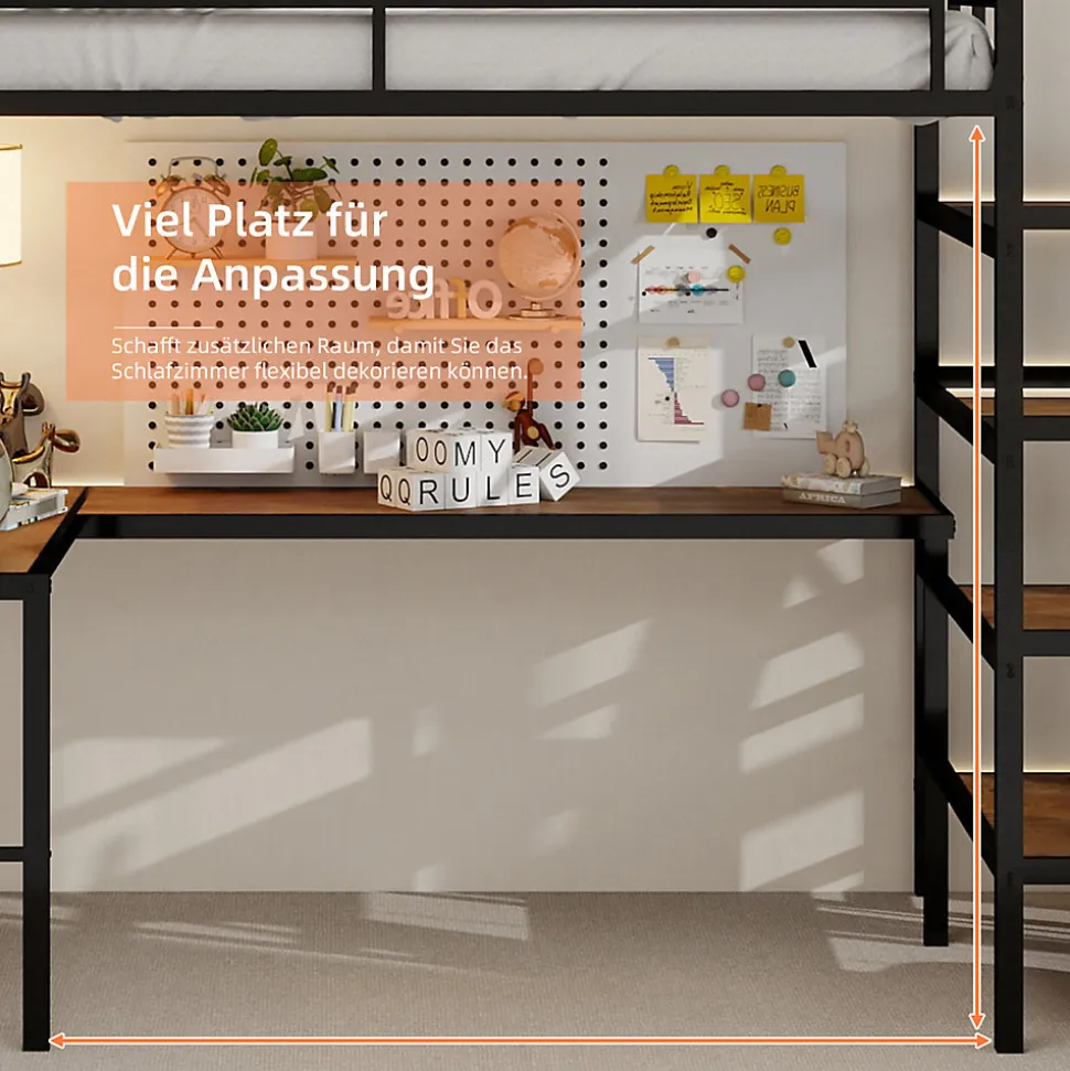 Lit Mezzanine 90x190 cm - avec Bureau en L et Escalier, Garde-Corps Continu, Structure en Métal, sans Matelas, Noir