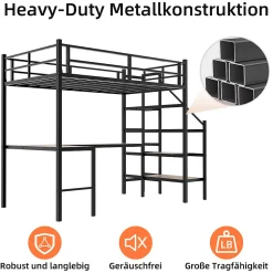 Lit Mezzanine 90x190 cm - avec Bureau en L et Escalier, Garde-Corps Continu, Structure en Métal, sans Matelas, Noir