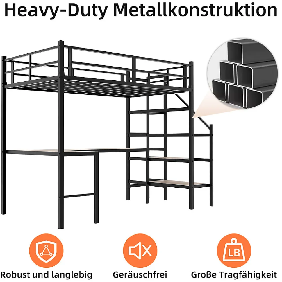 Lit Mezzanine 90x190 cm - avec Bureau en L et Escalier, Garde-Corps Continu, Structure en Métal, sans Matelas, Noir