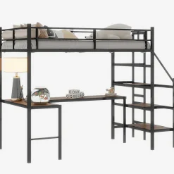 Lit Mezzanine 90x190 cm - avec Bureau en L et Escalier, Garde-Corps Continu, Structure en Métal, sans Matelas, Noir