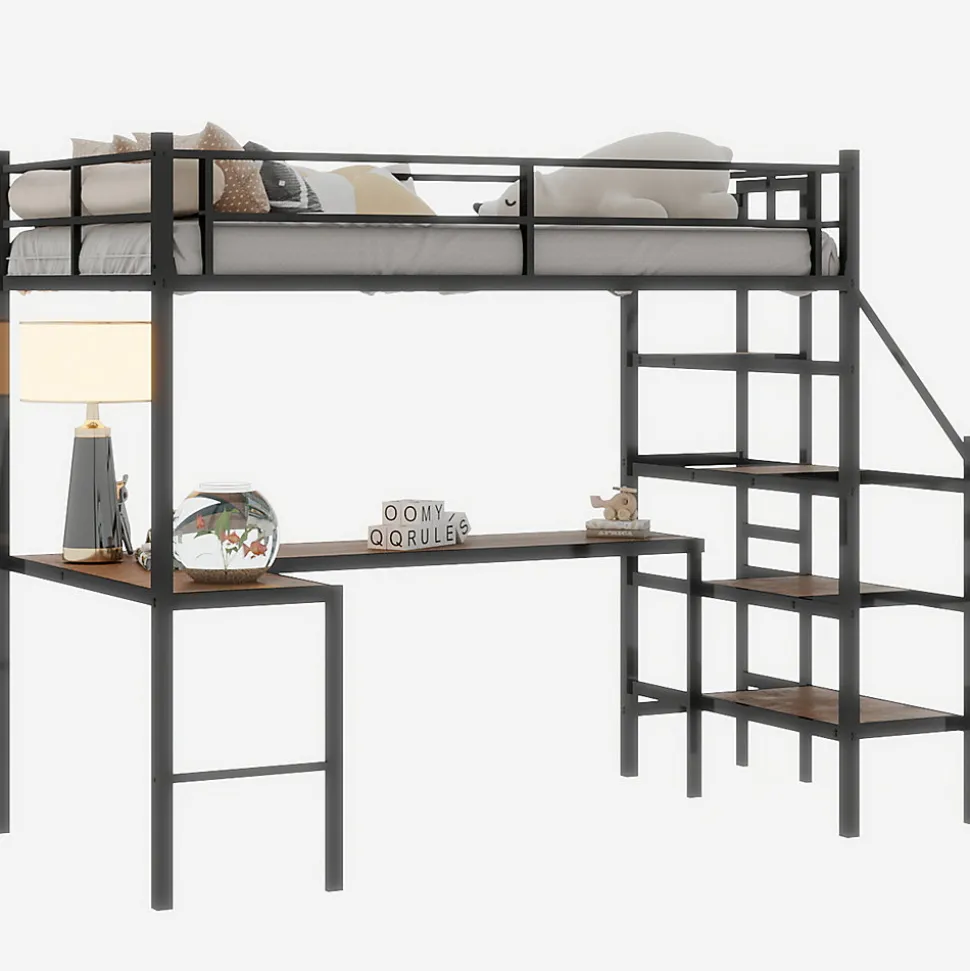 Lit Mezzanine 90x190 cm - avec Bureau en L et Escalier, Garde-Corps Continu, Structure en Métal, sans Matelas, Noir