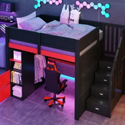 Lit Mezzanine 140x200 cm - avec Bureau Intégré, Escalier de Rangement et LED, Ports USB - MDF + Contreplaqué - Noir et Rouge