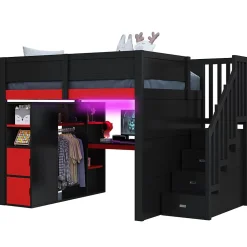 Lit Mezzanine 140x200 cm - avec Bureau Intégré, Escalier de Rangement et LED, Ports USB - MDF + Contreplaqué - Noir et Rouge