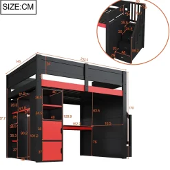 Lit Mezzanine 140x200 cm - avec Bureau Intégré, Escalier de Rangement et LED, Ports USB - MDF + Contreplaqué - Noir et Rouge
