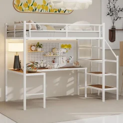 Lit Mezzanine 90x190 cm - avec Bureau en L et Escalier, Garde-Corps Continu, Structure en Métal, sans Matelas, Blanc