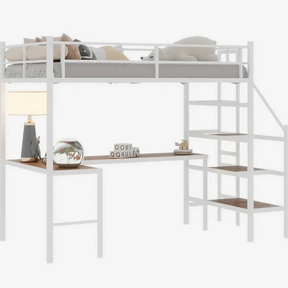 Lit Mezzanine 90x190 cm - avec Bureau en L et Escalier, Garde-Corps Continu, Structure en Métal, sans Matelas, Blanc