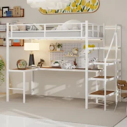 Lit Mezzanine 90x190 cm - avec Bureau en L et Escalier, Garde-Corps Continu, Structure en Métal, sans Matelas, Blanc