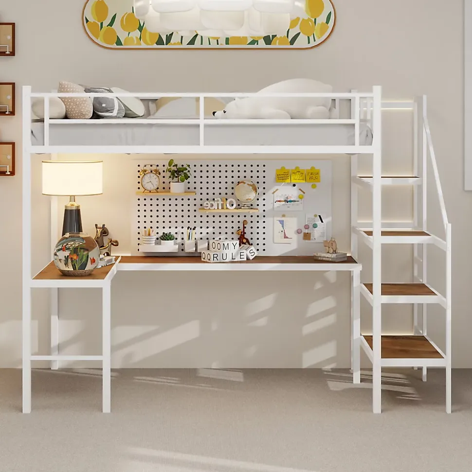 Lit Mezzanine 90x190 cm - avec Bureau en L et Escalier, Garde-Corps Continu, Structure en Métal, sans Matelas, Blanc