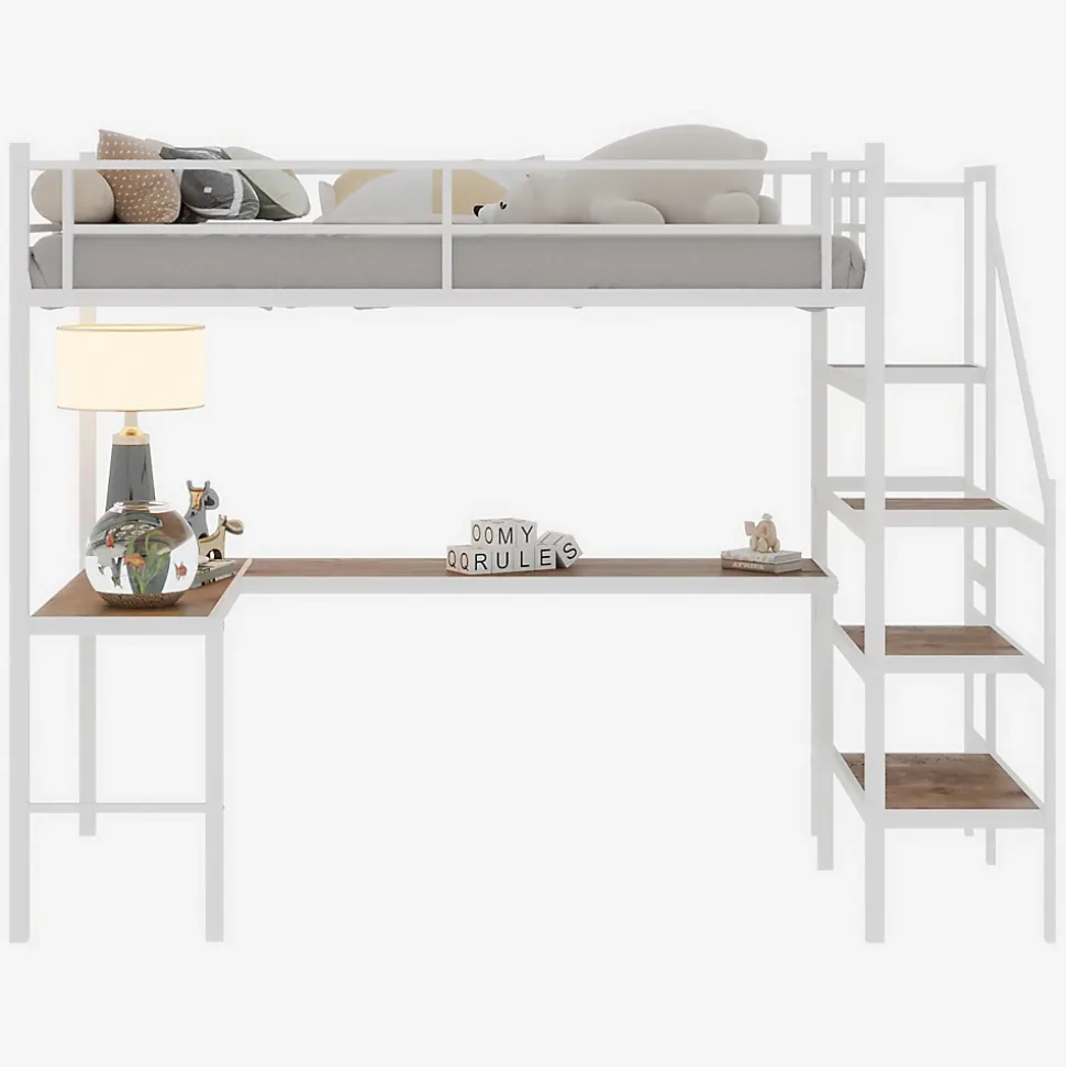 Lit Mezzanine 90x190 cm - avec Bureau en L et Escalier, Garde-Corps Continu, Structure en Métal, sans Matelas, Blanc