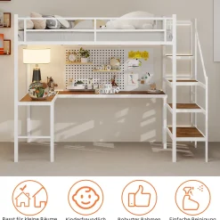 Lit Mezzanine 90x190 cm - avec Bureau en L et Escalier, Garde-Corps Continu, Structure en Métal, sans Matelas, Blanc