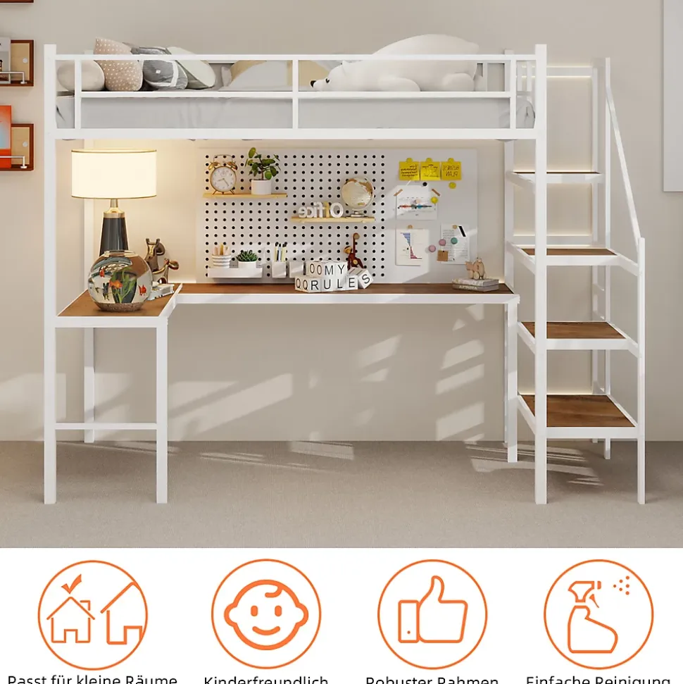 Lit Mezzanine 90x190 cm - avec Bureau en L et Escalier, Garde-Corps Continu, Structure en Métal, sans Matelas, Blanc