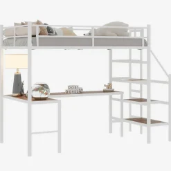 Lit Mezzanine 90x190 cm - avec Bureau en L et Escalier, Garde-Corps Continu, Structure en Métal, sans Matelas, Blanc