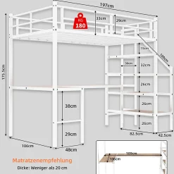 Lit Mezzanine 90x190 cm - avec Bureau en L et Escalier, Garde-Corps Continu, Structure en Métal, sans Matelas, Blanc