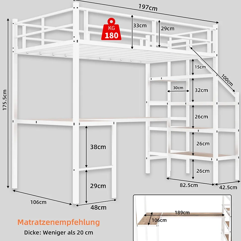 Lit Mezzanine 90x190 cm - avec Bureau en L et Escalier, Garde-Corps Continu, Structure en Métal, sans Matelas, Blanc