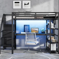 Lit Mezzanine 140x200 cm - avec Bureau Intégré et Rangement, LED et Ports USB - Métal - Noir