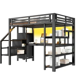 Lit Mezzanine 140x200 cm - avec Bureau Intégré et Rangement, LED et Ports USB - Métal - Noir