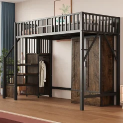 Lit Mezzanine 90x200 cm - avec Armoire, Tiroirs et Échelle de Rangement, Garde-Corps Sécurisé, Métal Noir