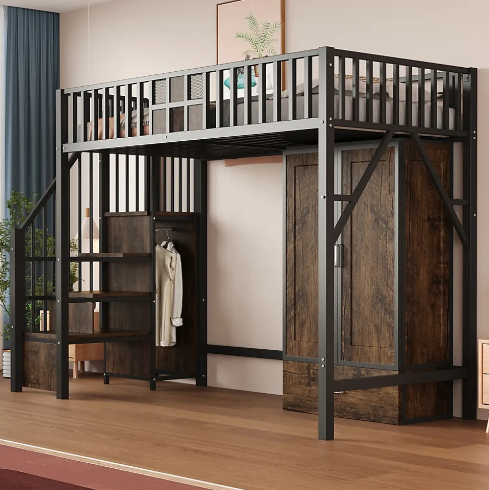 Lit Mezzanine 90x200 cm - avec Armoire, Tiroirs et Échelle de Rangement, Garde-Corps Sécurisé, Métal Noir