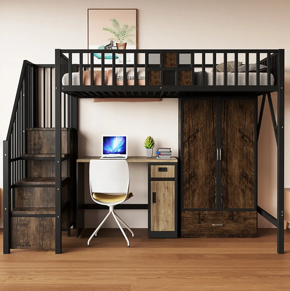 Lit Mezzanine 90x200 cm - avec Armoire, Tiroirs et Échelle de Rangement, Garde-Corps Sécurisé, Métal Noir