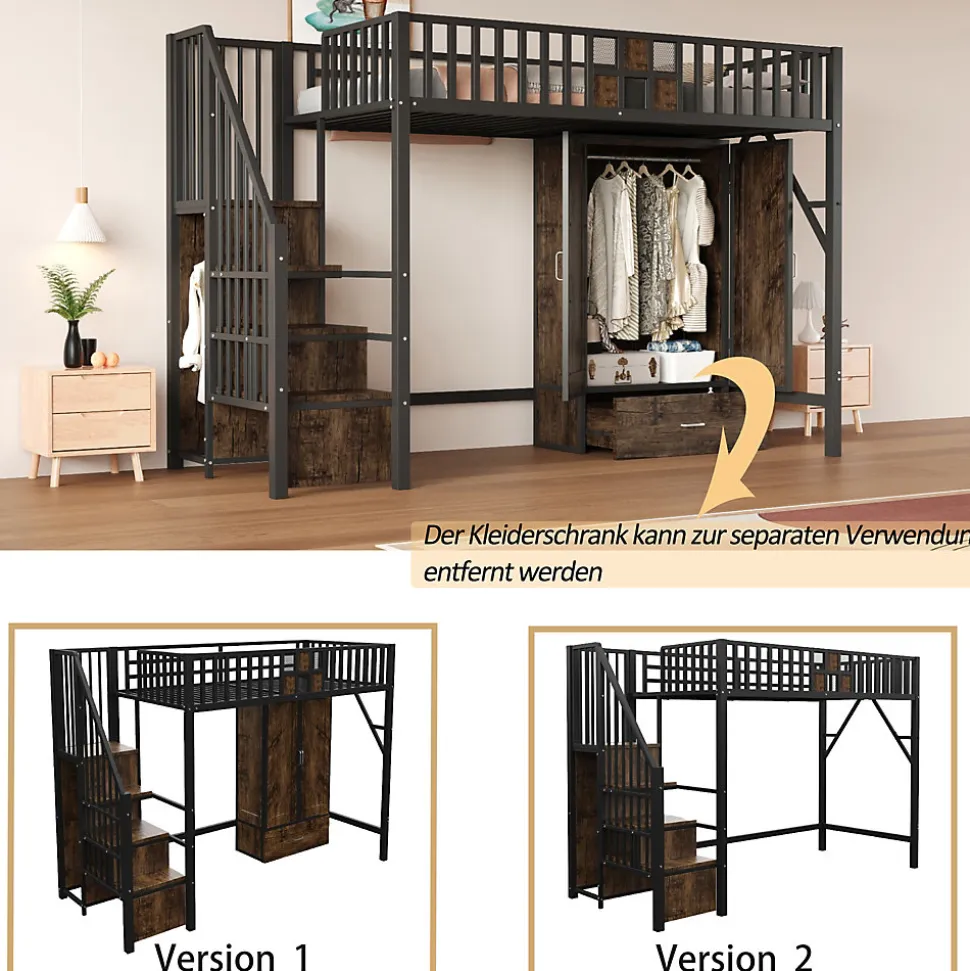 Lit Mezzanine 90x200 cm - avec Armoire, Tiroirs et Échelle de Rangement, Garde-Corps Sécurisé, Métal Noir