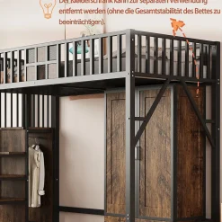 Lit Mezzanine 90x200 cm - avec Armoire, Tiroirs et Échelle de Rangement, Garde-Corps Sécurisé, Métal Noir