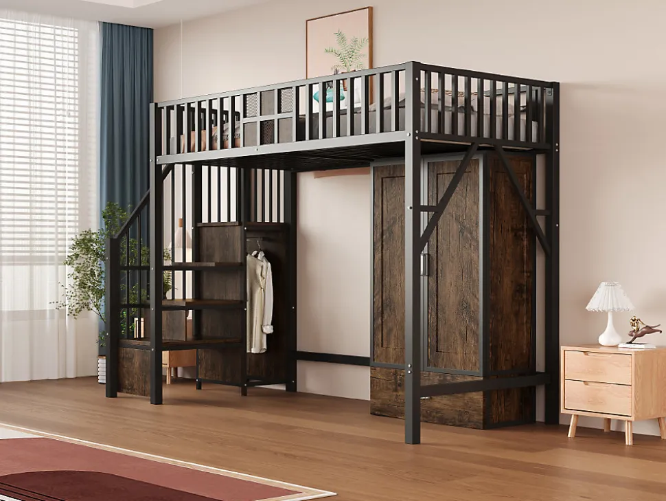 Lit Mezzanine 90x200 cm - avec Armoire, Tiroirs et Échelle de Rangement, Garde-Corps Sécurisé, Métal Noir