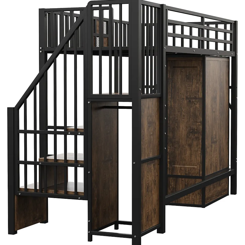 Lit Mezzanine 90x200 cm - avec Armoire, Tiroirs et Échelle de Rangement, Garde-Corps Sécurisé, Métal Noir