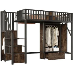 Lit Mezzanine 90x200 cm - avec Armoire, Tiroirs et Échelle de Rangement, Garde-Corps Sécurisé, Métal Noir