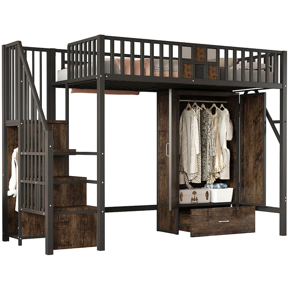 Lit Mezzanine 90x200 cm - avec Armoire, Tiroirs et Échelle de Rangement, Garde-Corps Sécurisé, Métal Noir