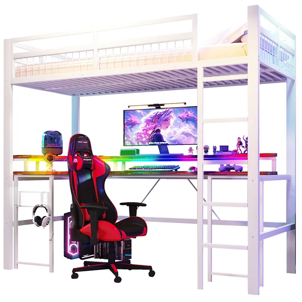 Lit Mezzanine 90x200 cm - Bureau Intégré, Éclairage LED Réglable et Panneau Perforé - USB, Type-C et 2 Prises - Métal + MDF Blanc