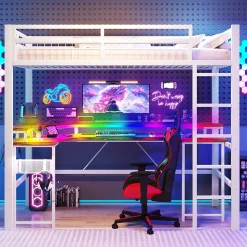 Lit Mezzanine 90x200 cm - Bureau Intégré, Éclairage LED Réglable et Panneau Perforé - USB, Type-C et 2 Prises - Métal + MDF Blanc