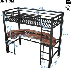 Lit Mezzanine 90x200 cm - Bureau Intégré, Éclairage LED Réglable et Panneau Perforé - USB, Type-C et 2 Prises - Métal + MDF - Noir