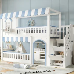 Lit mezzanine 90x200 cm - escalier avec rangement - avec sommier à lattes - bois massif + MDF - Blanc + Bleu (sans matelas)