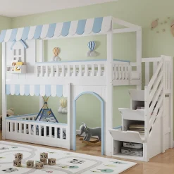 Lit mezzanine 90x200 cm - escalier avec rangement - avec sommier à lattes - bois massif + MDF - Blanc + Bleu (sans matelas)