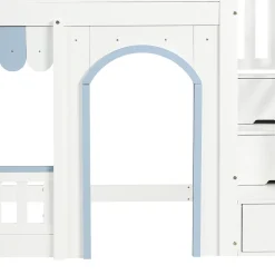 Lit mezzanine 90x200 cm - escalier avec rangement - avec sommier à lattes - bois massif + MDF - Blanc + Bleu (sans matelas)