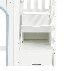 Lit mezzanine 90x200 cm - escalier avec rangement - avec sommier à lattes - bois massif + MDF - Blanc + Bleu (sans matelas)