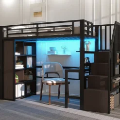 Lit Mezzanine 90x200 cm - LED Intégrée, Bureau et Rangements avec Escalier de Rangement, Métal/MDF, Noir