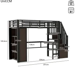 Lit Mezzanine 90x200 cm - LED Intégrée, Bureau et Rangements avec Escalier de Rangement, Métal/MDF, Noir