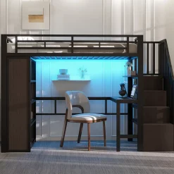 Lit Mezzanine 90x200 cm - LED Intégrée, Bureau et Rangements avec Escalier de Rangement, Métal/MDF, Noir
