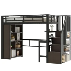 Lit Mezzanine 90x200 cm - LED Intégrée, Bureau et Rangements avec Escalier de Rangement, Métal/MDF, Noir