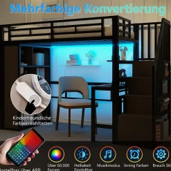 Lit Mezzanine 90x200 cm - LED Intégrée, Bureau et Rangements avec Escalier de Rangement, Métal/MDF, Noir