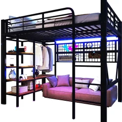 Lit Mezzanine 140x200 cm - LED Intégrée, Étagères et Rangements avec Portant Vêtements, Espace Ouvert sous Lit, Métal/MDF, No