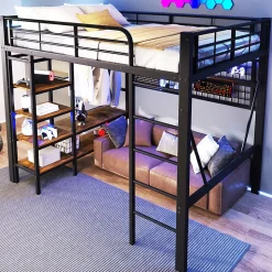 Lit Mezzanine 140x200 cm - LED Intégrée, Étagères et Rangements avec Portant Vêtements, Espace Ouvert sous Lit, Métal/MDF, No