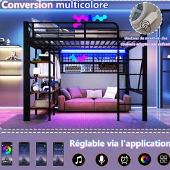Lit Mezzanine 140x200 cm - LED Intégrée, Étagères et Rangements avec Portant Vêtements, Espace Ouvert sous Lit, Métal/MDF, No