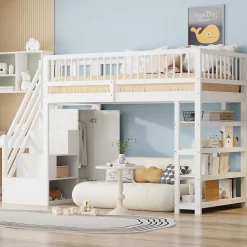 Lit mezzanine 90x200 cm - Lit ados avec clôture, penderie et étagères - Bois - Sans matelas - Blanc